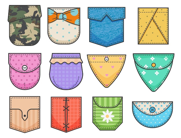 Set of pocket patches. Elements for uniform or casual style clothes, dresses and shirts.