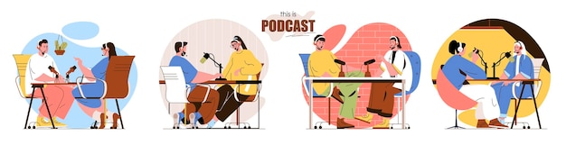 Vettore impostare l'illustrazione del concetto di design piatto podcast dei personaggi delle persone