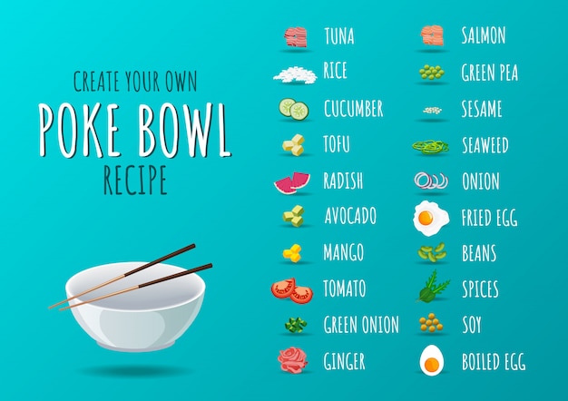 Set of poke bowl ingredients.