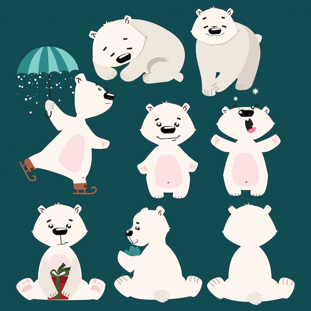 Set of polar bears. collection of cartoon polar bears. christmas illustration for children.