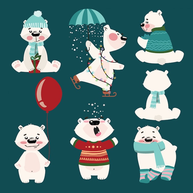 Vector set of polar bears. collection of cartoon polar bears. christmas illustration for children.