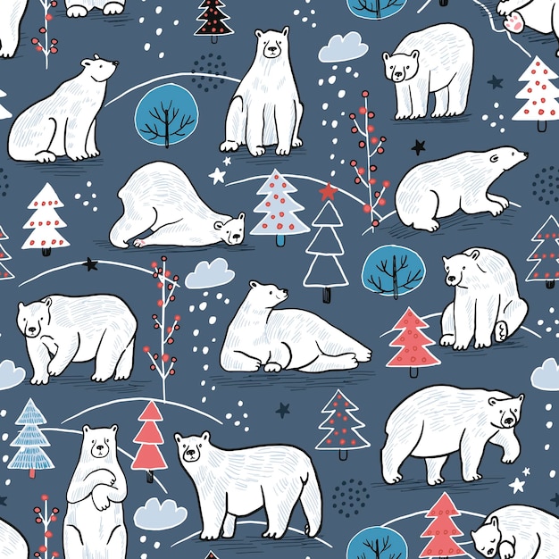 異なるポーズと態度の北極クマのセット 森の木とのシームレスパターン