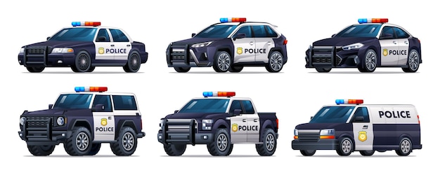Set of police cars in different types Patrol official vehicle sedan suv pickup van illustration