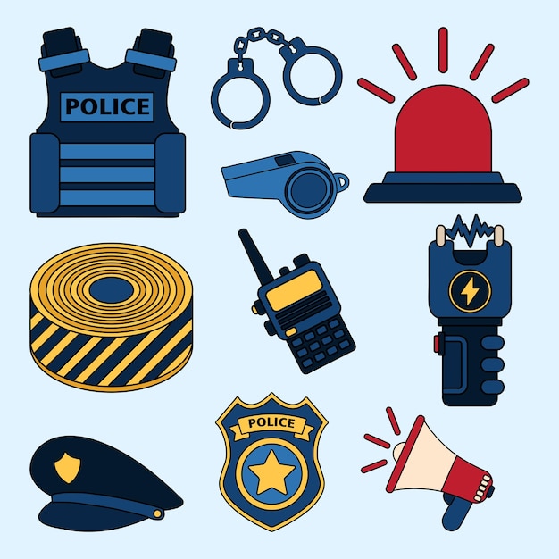 Vector set of police items simple flat line illustration