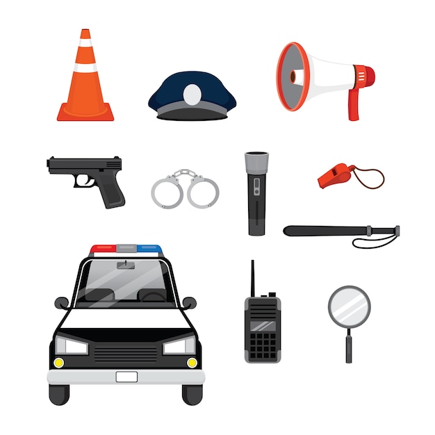 Set di oggetti e attrezzature di polizia