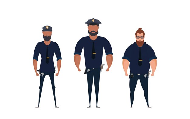 Impostare l'ufficiale di polizia in uniforme in piedi nella vista frontale concetto di persone di professione lavoro alla stazione di polizia vettore