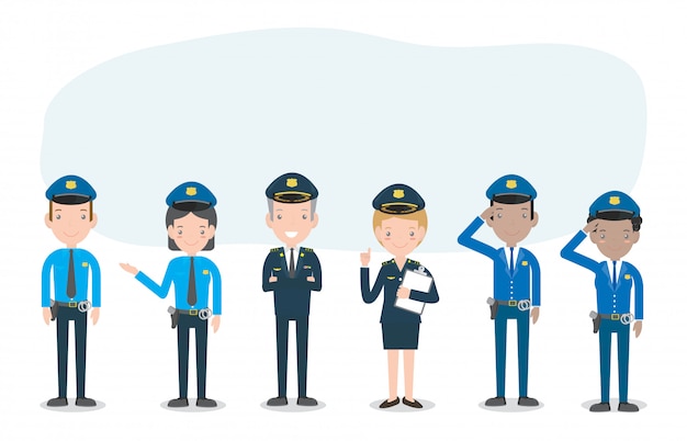 白の警察官のセット、女と男の警官のキャラクター、制服と帽子の警官、制服の警官と警官の警官、イラスト