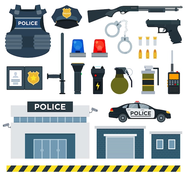 Vector set of police tools flat vector illustration on white.