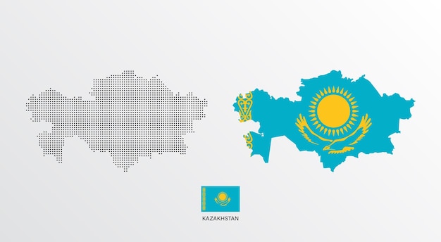 Set di mappe politiche del kazakistan con regioni isolate e bandiera su sfondo bianco