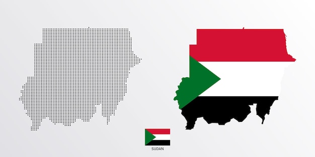 分離された地域と白い背景の上の旗を持つスーダンの政治地図のセット