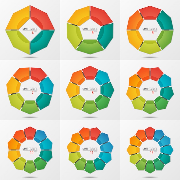 Vector set of polygonal circle chart templates with 4-12 parts