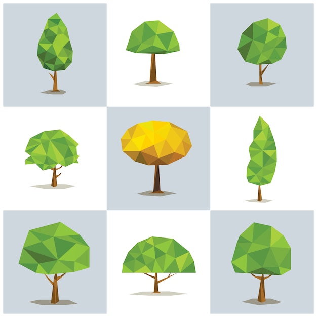 Set polygonal trees with different crowns. Abstract tree low poly, vector illustration.