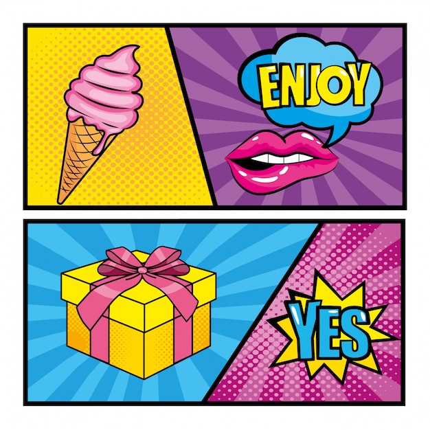 Vector set pop art messages with ice cream and gift