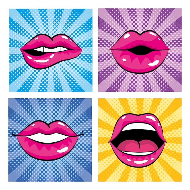 Set pop art mouth with teeth and tongue