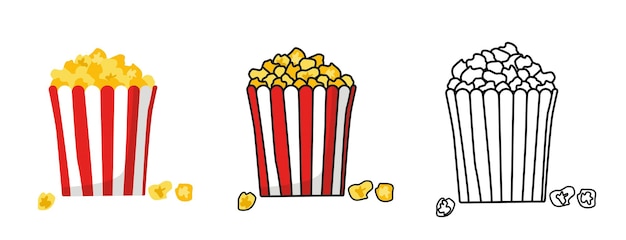 Set di scatole per secchi di popcorn isolate fast food nel cinema grande bicchiere di carta a righe fino in cima riempito