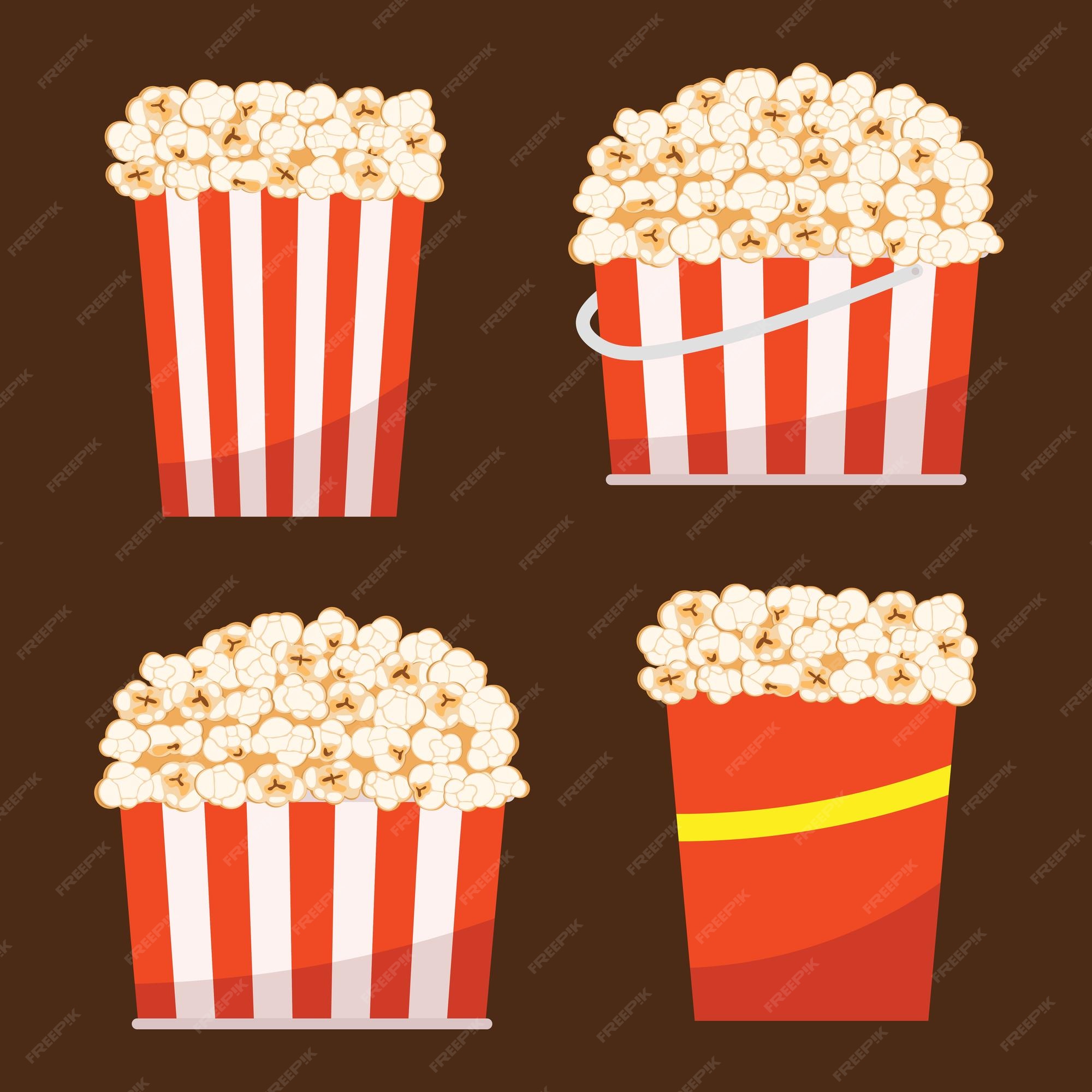 Premium Vector | Set of popcorn bucket items. classic striped red white cardboard box in cartoon style for cinema. Premium Vector | Set of popcorn bucket items. classic striped red white cardboard box in cartoon style for cinema.
