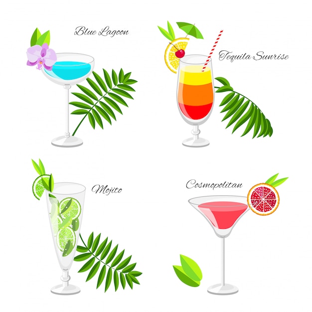 Vector set of popular cocktails decorated with fruit slices and tropical flowers  cartoon style.