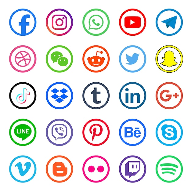 Vector set popular social media icons. facebook, instagram, twitter, youtube, pinterest, behance, google plus, linkedin, whatsapp, snapchat and many more. editorial vector