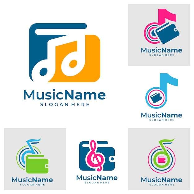 Set portefeuilles muziek Logo Vector muziek portefeuilles logo ontwerpsjabloon