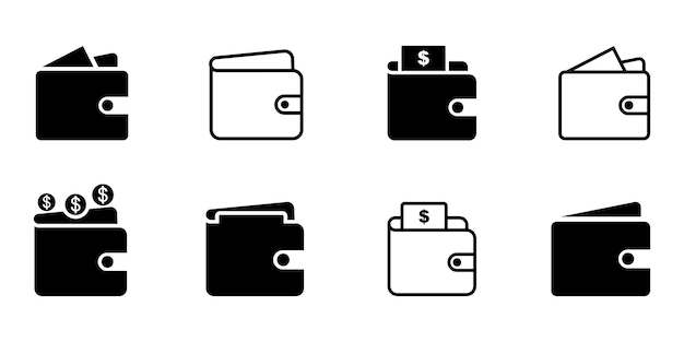 Set portemonnee vector iconen. Zwart silhouet met portemonnee. Portemonnee met contant geld, munt en kaart.