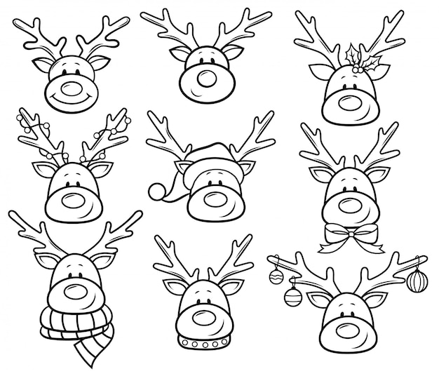 Vector set of portrait of christmas deers. collection of characters from a festive cute reindeer.