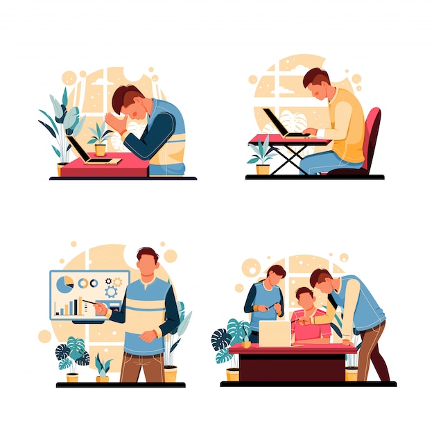 Set of portrait of employees activities. flat design concept. illustration