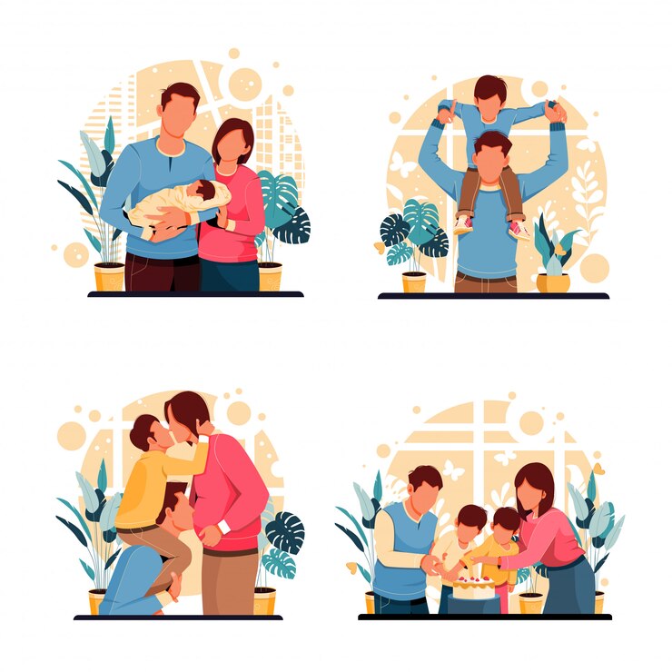 Set of portrait of family happiness activities. flat design concept. illustration