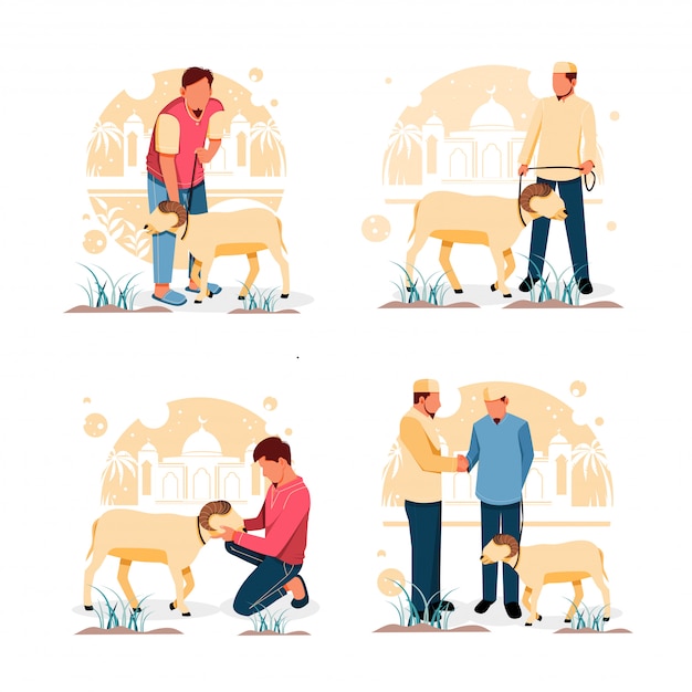 Set of portrait of man with goat. for eid al-adha flat design concept. illustration