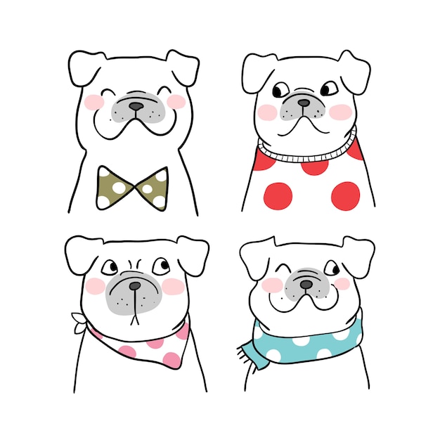 Set portrait of pug dog draw doodle style