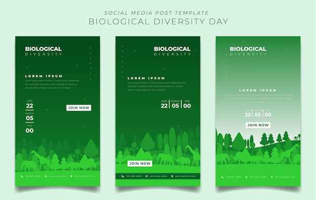 Set of portrait social media template with green landscape background for biodiversity day design