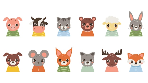 Vector set of portraits of cute animals pig cow cat bear sheep hare dog mouse squirrel wolf etc