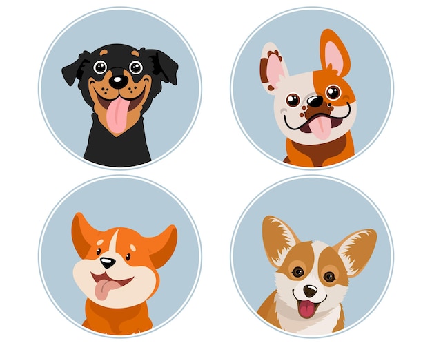 Set of portraits of cute dogs, pinscher, corgi, bulldog. domestic animals illustration, vector