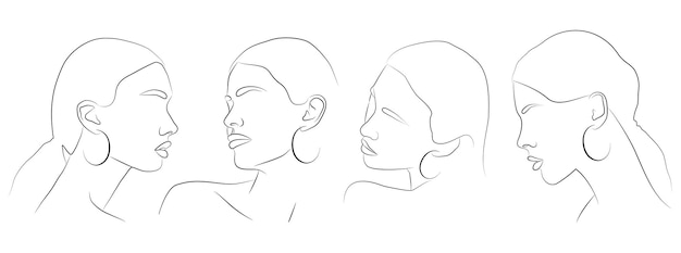 A set of portraits Cute minimalistic drawings of a woman with jewelry