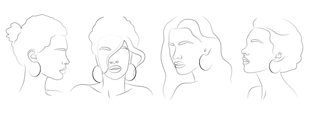 A set of portraits Cute minimalistic drawings of a woman with jewelry