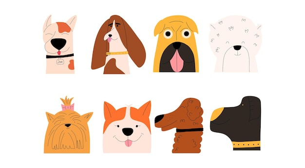 Set of portraits of emotional dogs of different breeds Vector illustration in flat style