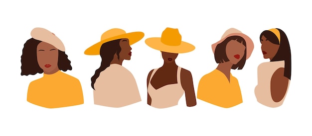 Serie di ritratti di donne senza volto in cappello diverso. collezione di ragazze astratte. illustrazione vettoriale minimale alla moda isolato su priorità bassa bianca.