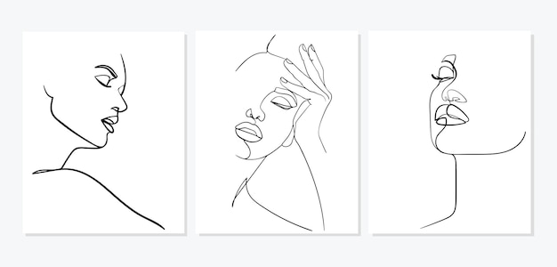 Set of portraits Simple minimalist vector illustration of beautiful woman face Line drawing