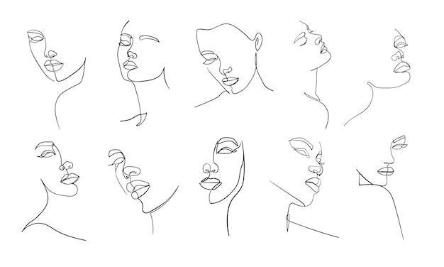 Set of portraits Simple minimalist vector illustration of beautiful woman face Line drawing