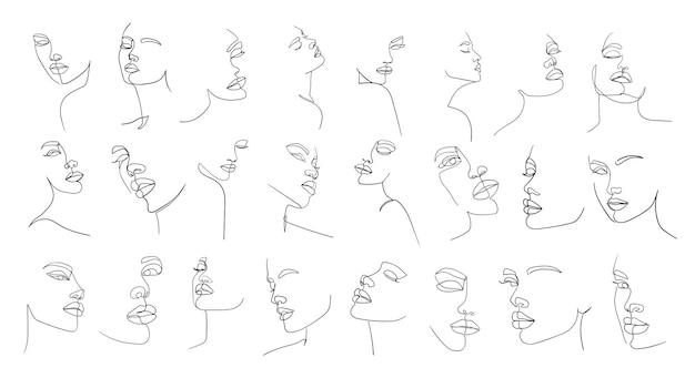 set of portraits simple minimalist vector illustration of beautiful woman face line drawing
