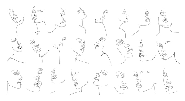 초상화의 집합 아름 다운 여자 얼굴 선 그리기의 간단한 미니멀 한 벡터 일러스트 레이 션