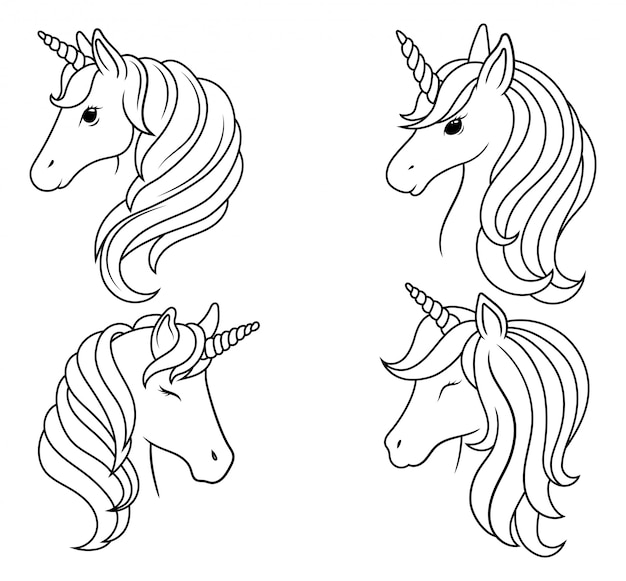 Vector set of portraits of unicorns. collection of silhouette head magic horse.