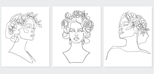 Vector set portret van vrouw met bloemen op het hoofd illustratie lijntekening lijnkunst