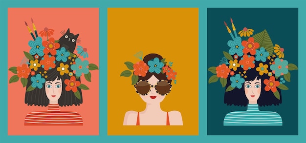 Set portretten van vrouw met bloemen, kat, zonnebril op blauwe achtergrond.