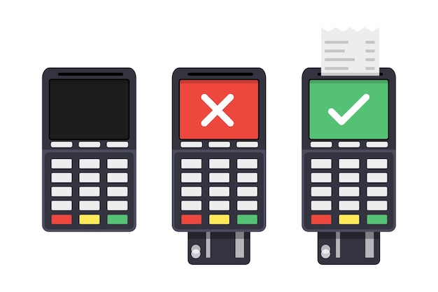 Set pos-terminal uit geweigerd en geaccepteerd met bon vectorillustratie in plat ontwerp