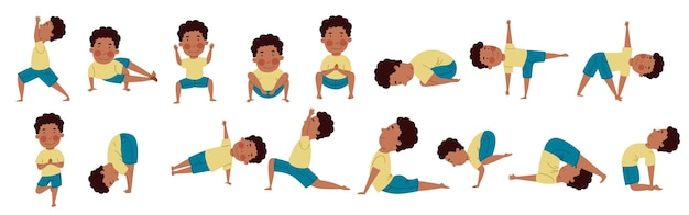 Vector set of poses for children s yoga african american boy doing yoga