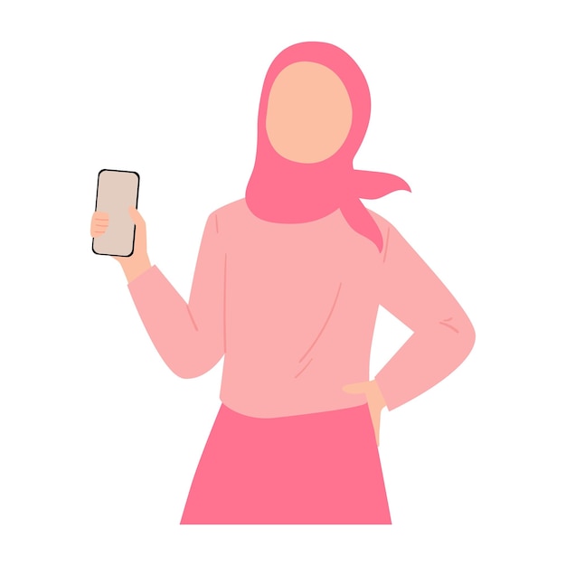 Vector set of poses of a hijab woman in pink female