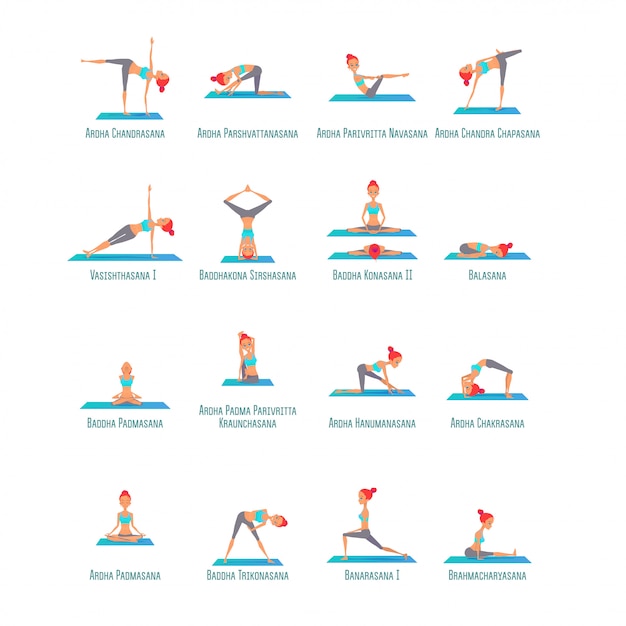  Set of poses yoga girls asanas.