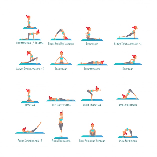 Set of poses yoga girls asanas.