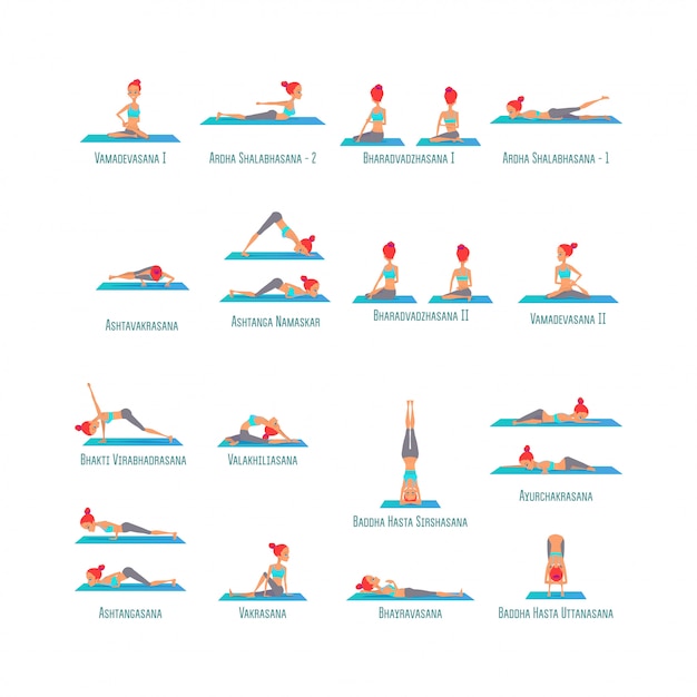 Vector set of poses yoga girls asanas.