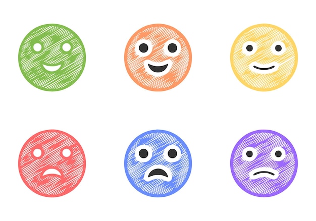 Set di emoticon positive e negative in stile scarabocchio, clip art vettoriali